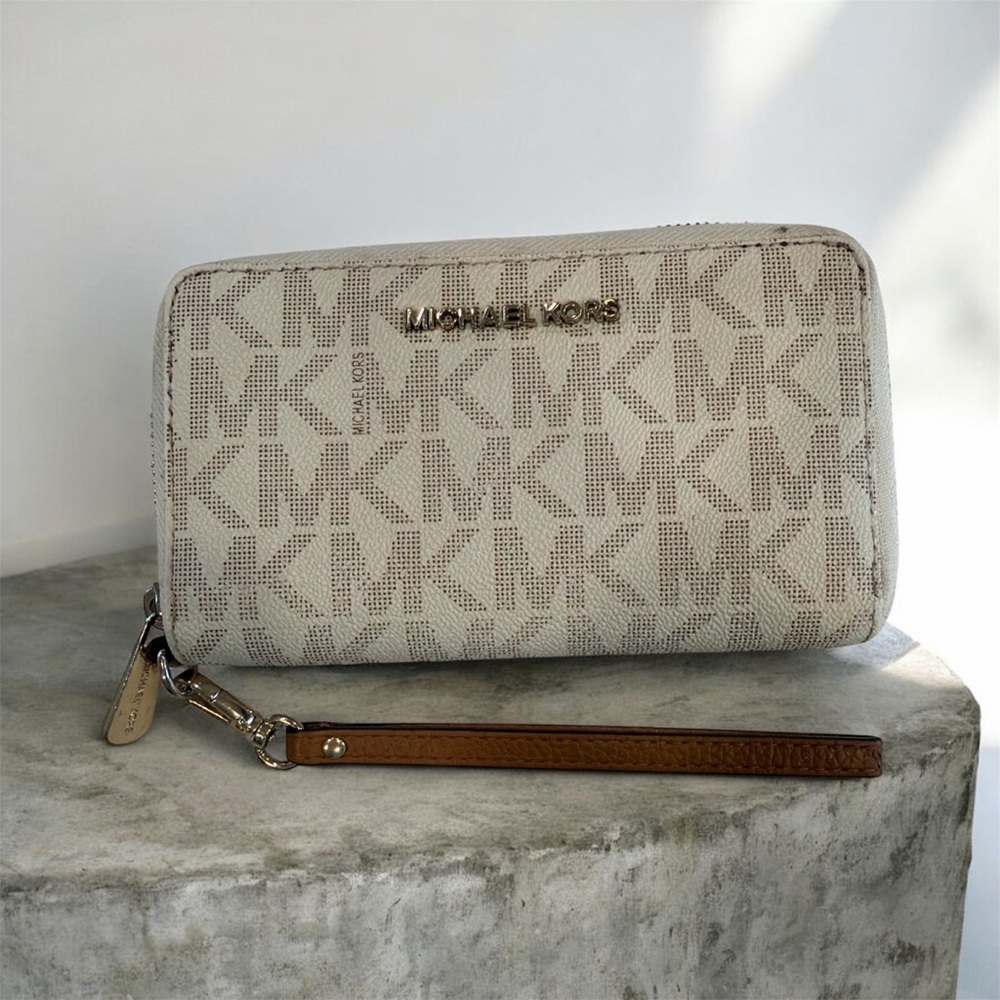Michael Kors White and Brown Monogram Clutch